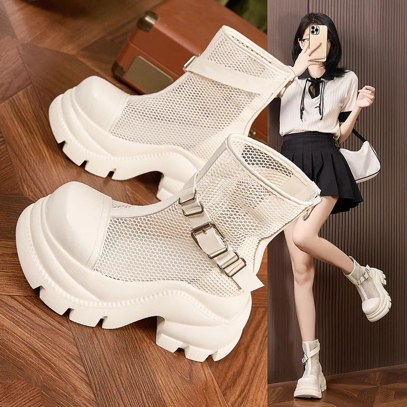 9cm New Women Boots Mesh Breathable Comfortable Women Sandals Summer Thick Heel Fashion Shoes Women Solid Color Round Toe Boots