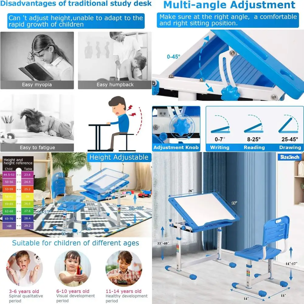 Adjustable Height Kids Study Desk with Storage and Tilted Art Table, Blue