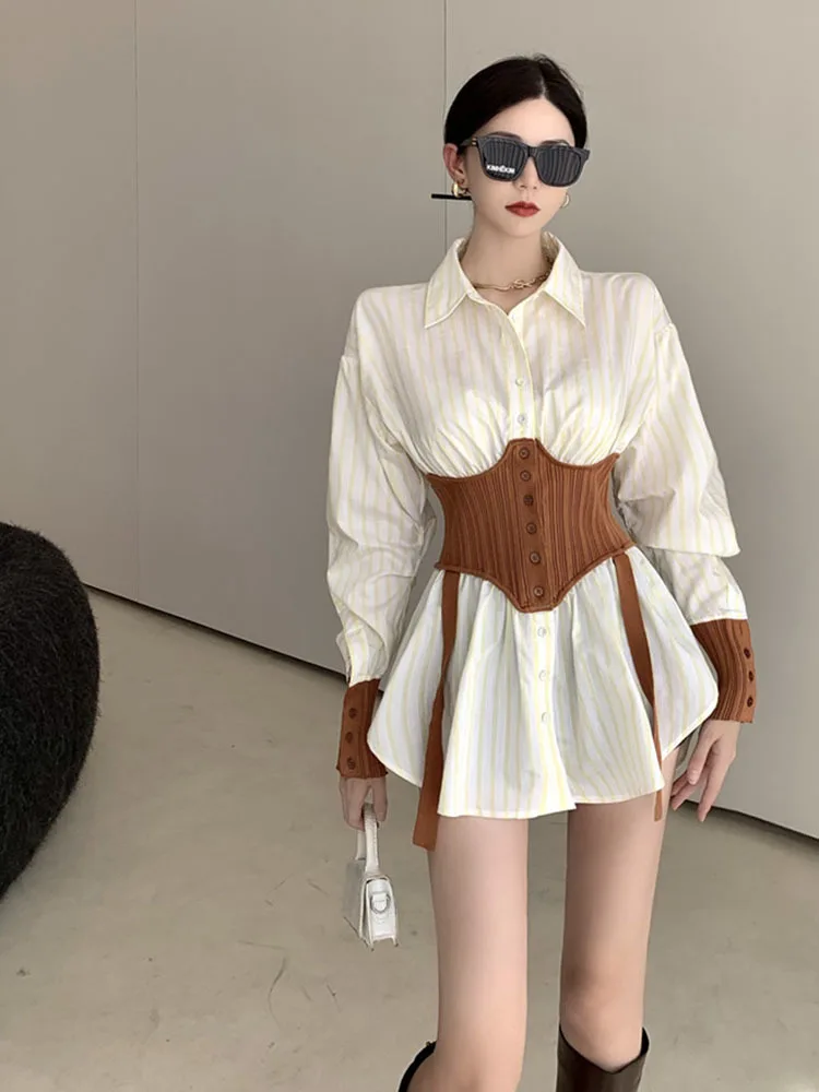 

Office Lady Striped Patchwork Slim Waist Shirt Spring Autumn Single-breasted Women's Clothing Long Sleeve Fashion Lapel Blouse