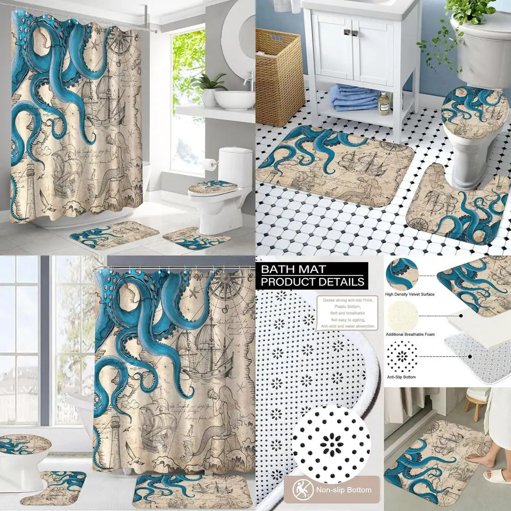 

Vintage-Style Octopus Shower Curtain Set: Waterproof Curtain, Memory Foam Rugs, and Toilet Lid Cover for Coastal Bathroom Decor