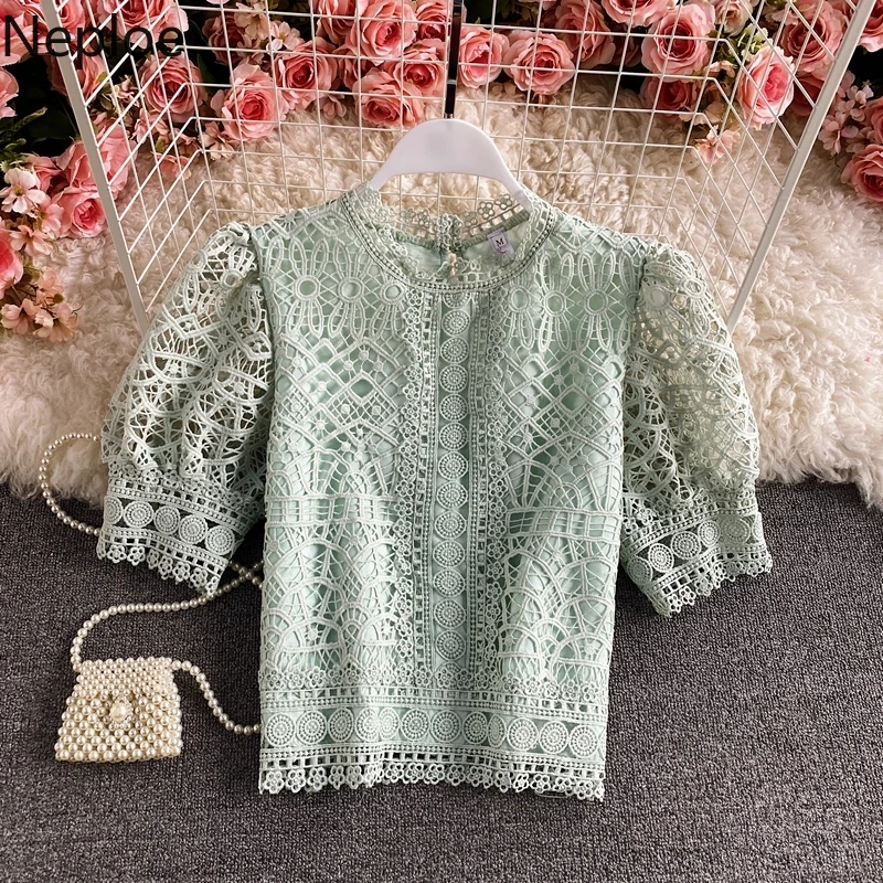 Blusas Mujer De Moda 2023 Vintage Puff Sleeve Blouses Hollow Out Crochet Floral Crop Tops Korean Summer Elegant Lace Shirts