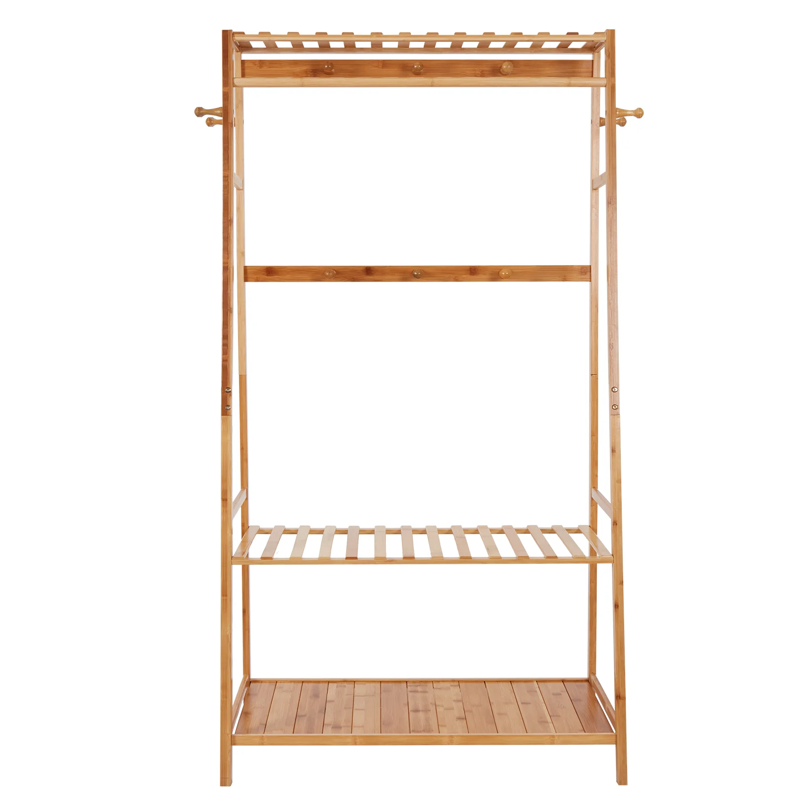 Bamboo Free Standing Clothes Rail Stand with Storage Shelf And 10 Hooks Garment Hanging Rack for Home Organization