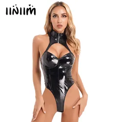 Sexy Womens Lingerie Patent Leather Bodysuit Sleeveless Zipper Crotch Cutout Latex Catsuit Rave Outfit Wet Look Clubwear Costume