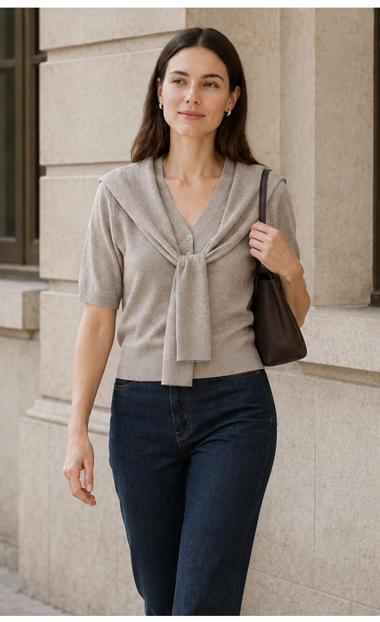 MZ62082 Damen-Strickjacke mit Schalkragen, kurzen Ärmeln, V-Ausschnitt, weicher, einfarbiger Modal-Mischstoff, lässiger Pullover für den frühen Herbst – Detail 8