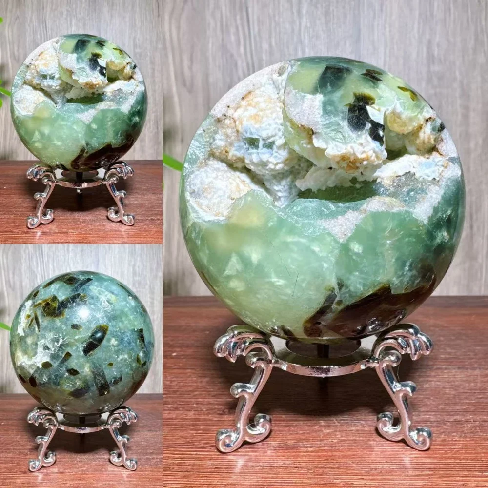 1PC Natural Unique Prehnite Green Tourmaline Rutile Raw Geode Stone Sphere Healing Crystal Reiki Energy Home Decoration Gifts