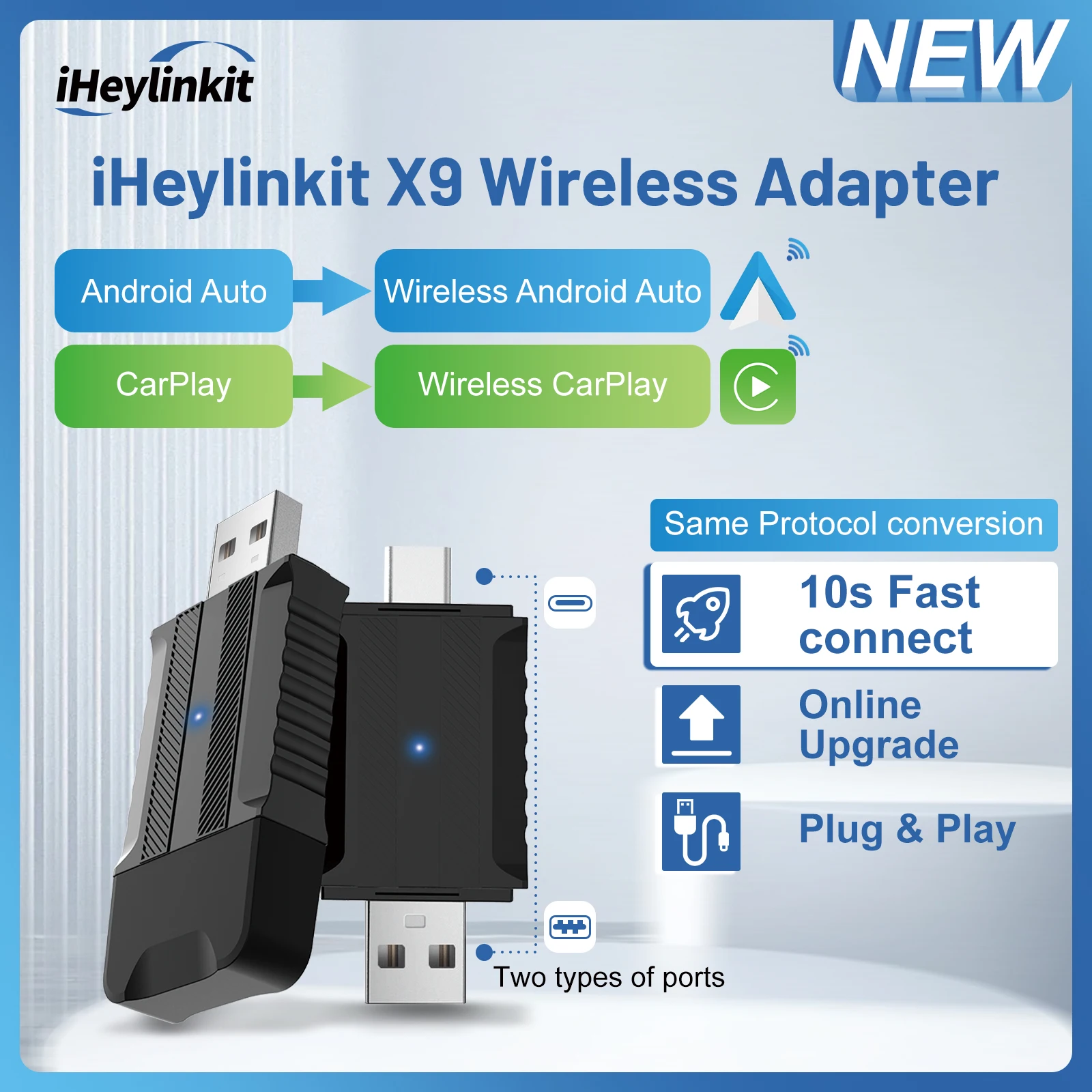 iHeylinkit NEW 2In1 Mini Wireless Android Auto Wireless CarPlay Adapter Smart USB Dongle Plug And Play 2.4/5Ghz For Car Radio