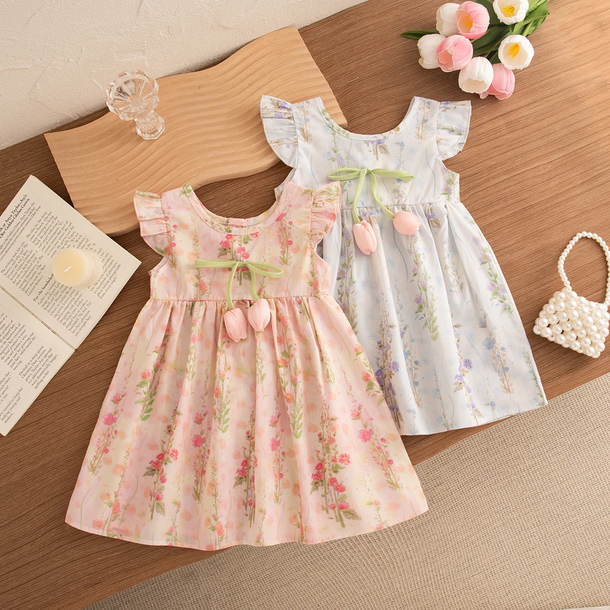 Baby Girl Dresses Summer Tulip And Flower Pattern Gentle Girl Costume Cute Casual Girl's Dresses Kid's Princess Dresses