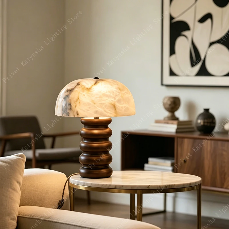 Retro Alabaster Mushroom Table Lamp, Home Decor Items, Antique Stainless Steel Base Marble Desk Lights for Bedside Hotel
