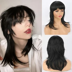 Black Women Synthetic Mullet Wig 80s 90s Black Mullet Wig with Bangs for Daily Party/Halloween/Cosplay