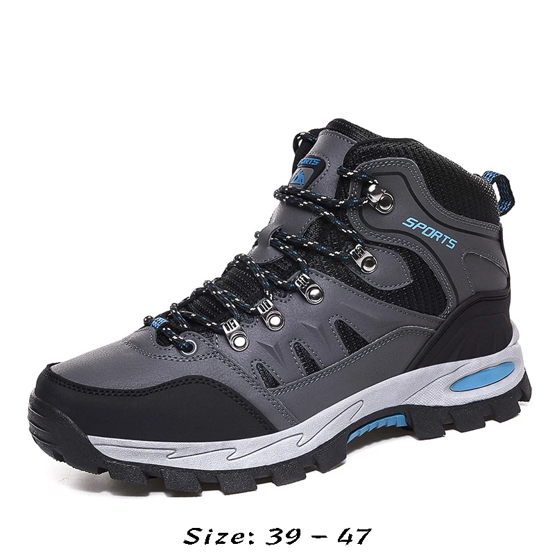 High quality short leather boots for men new 2023 autumn size 46 47 hiking outdoor mountain walking shoe - black grey
