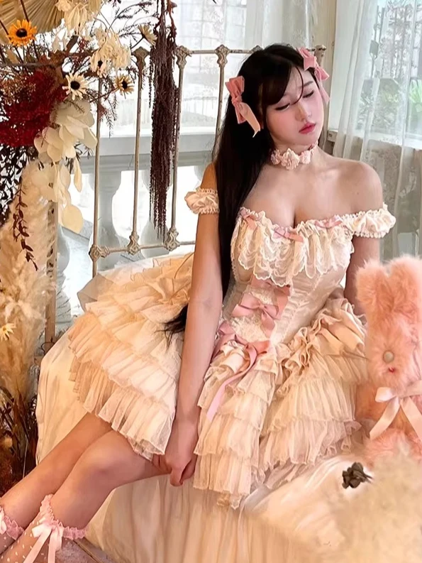 Amor deusa menina atmosfera requintada boneca estilo balé romântico em camadas babados vestido de gaze macia vestido de renda romântico para mulher