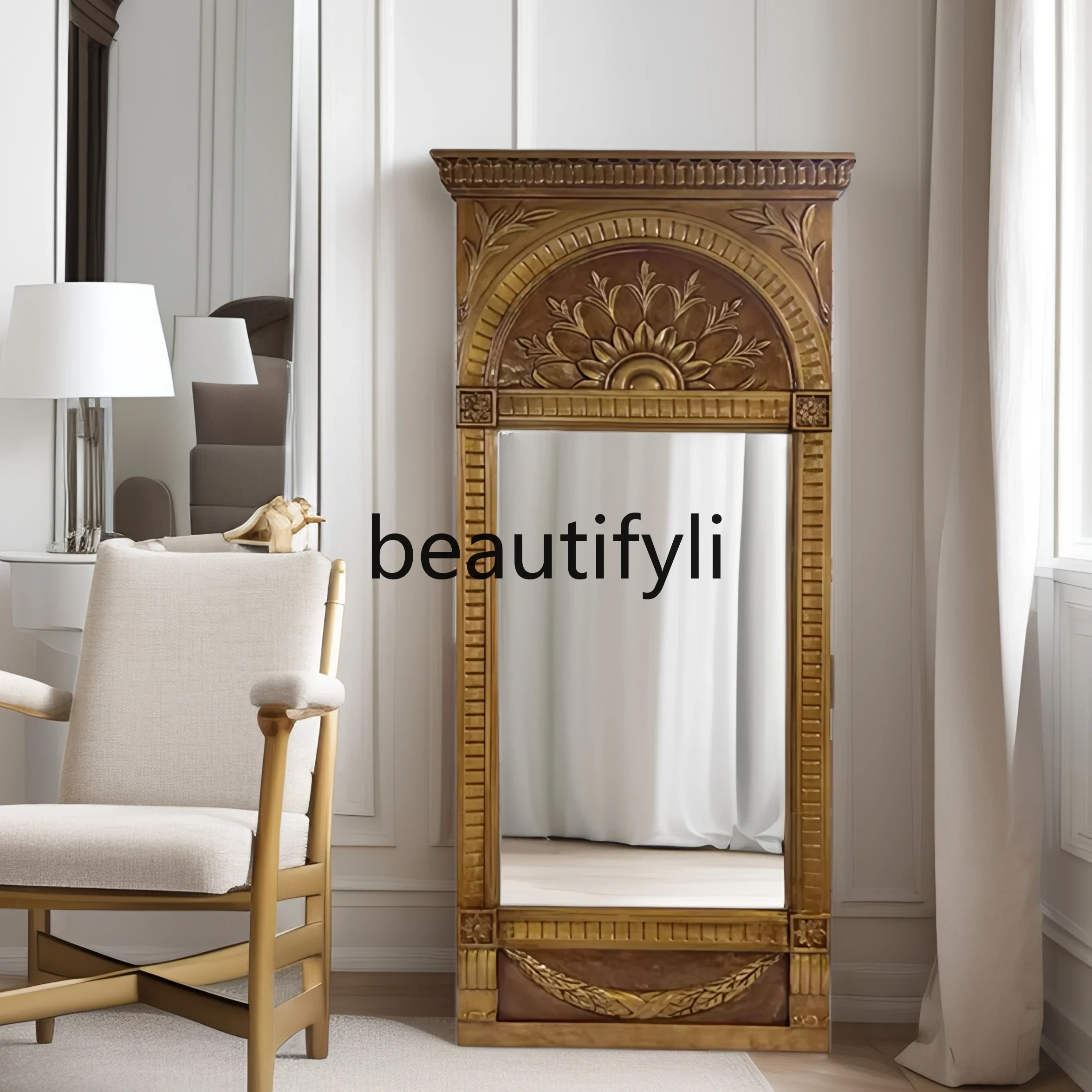

French retro carving, American villa luxury high-end full-length mirror home dressing mirror floor fitting mirror B03
