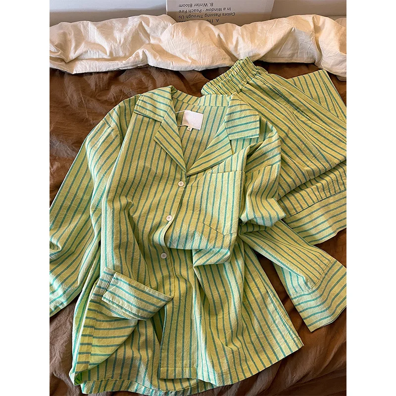 Green Striped Long-sleeved Pajamas Women's Spring 2026 New Loose Trousers Loungewear Set