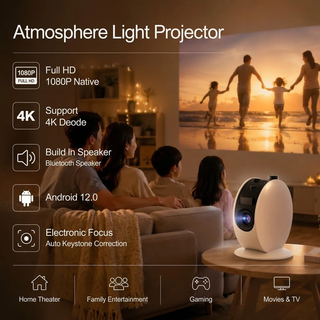4K Decode 1080P Native Ambient Lighting Projector Android 12 Build In Speaker Electronic Focus WIFI 6 Home Theater Video beamer