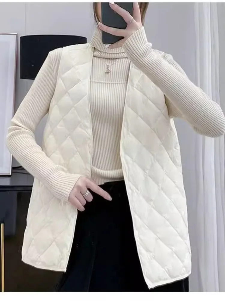 

Женский пуховый хлопковый жилет, легкий базовый слой с V-образным вырезом, тонкий прочный свитер обычной длины с пуговицами