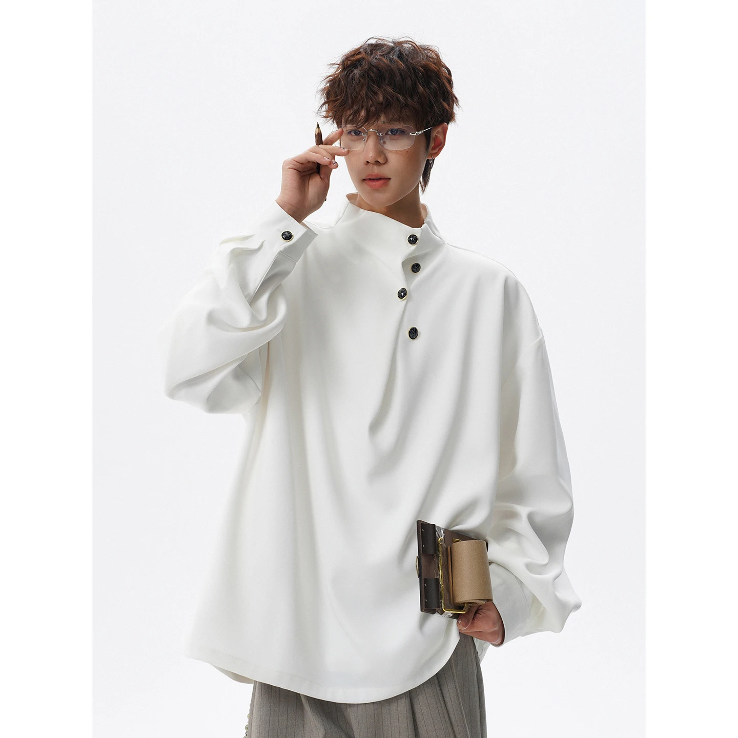 

Unisex Asymmetric Stand Collar Button Shirt, Oversized Soft Breathable Retro Long Sleeve Blouse, Minimalist Casual Top