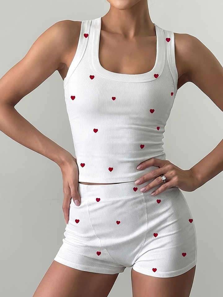  2 Piece Pajamas Set Heart Print Crop Tops and Shorts Loungewear Set Summer Sleepwear Women Home Clothes 