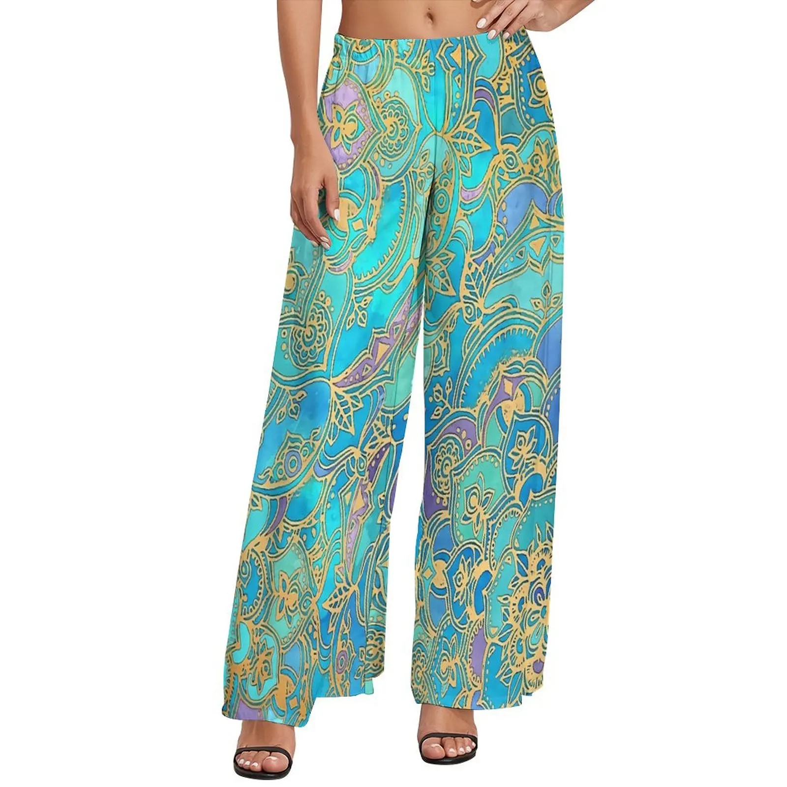 Boho Floral Print Pants Female Blue Mandalas Korean Fashion Trousers Elastic High Waist Workout Wide Pants Gift