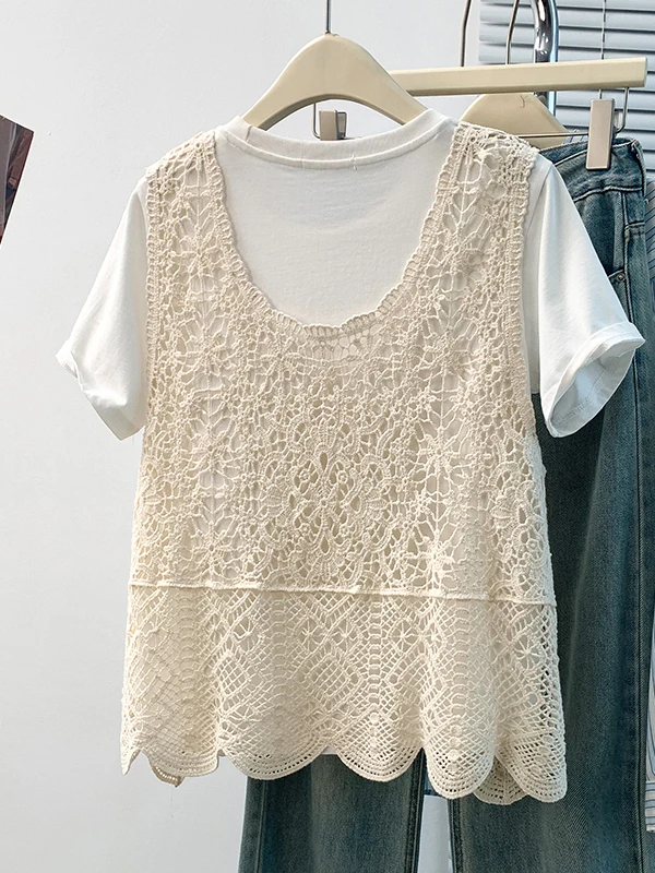 Women's Hollow out Strap Vest Spring Autumn New Style plus Size Short Top Hook Flower Embroidery Layering Slimming Effect