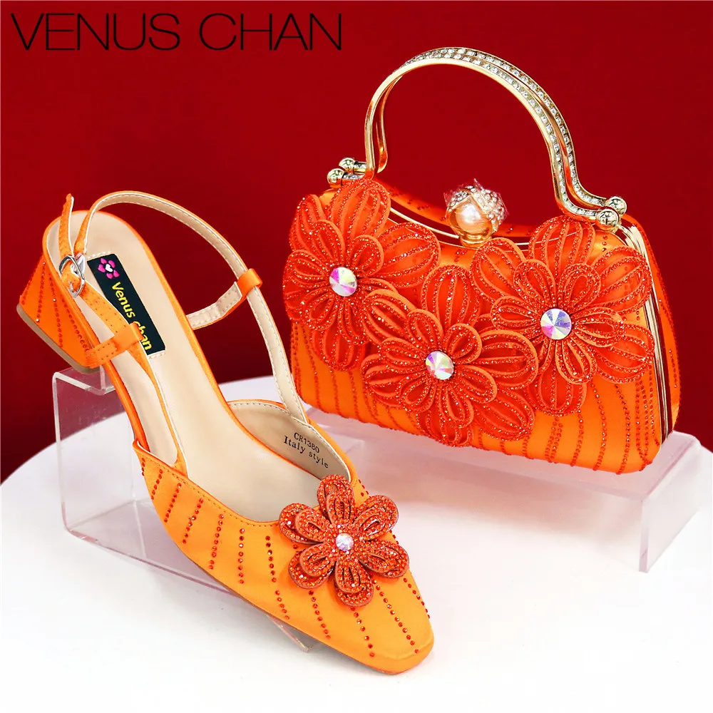 

Hot Selling Mature Style Platform Design Rhinestone Decoration Party Wedding Women Shoes and Bag in Orange Color