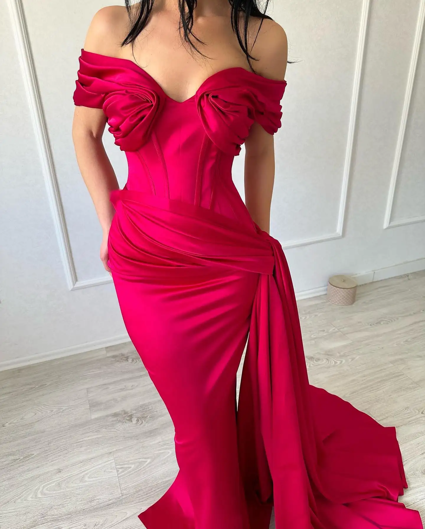 

Off The Shoulder Satin Mermaid Long Prom Gown Sweetheart Draped Sweep Train Wedding Party Dress Flowers Floor Length Party Dress