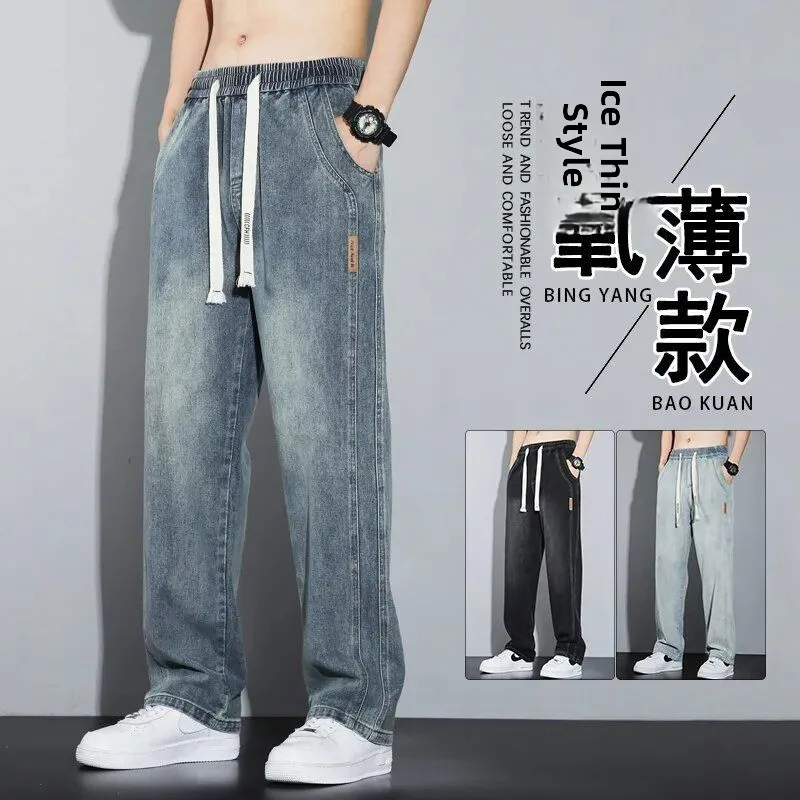 

Свободные джинсы с прямыми штанинами, мужские летние тонкие хлопковые рабочие брюки с эластичной резинкой на талии, большой размер, износостойкие американские брюки