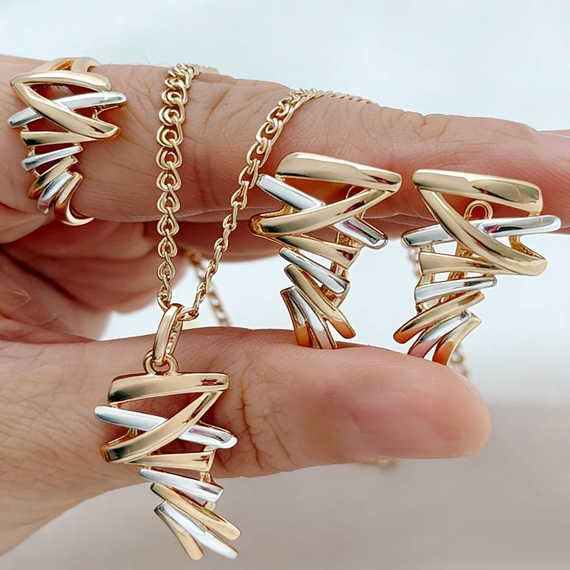 

Kinel Unique Cross Lines Bridal Ring Earrings Necklace for Women Fashion 585 Rose Gold Silver Color Mix Daily Fine Jewelry Set