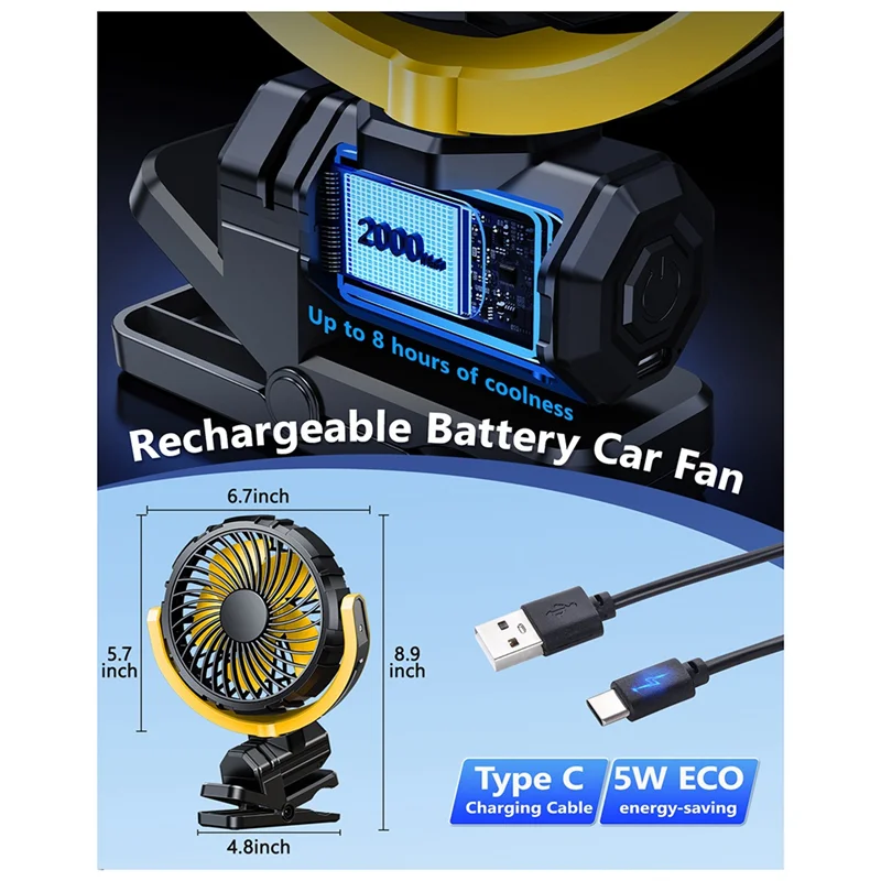 Тихий маленький вентилятор воздушного охлаждения, вращающийся на 900-акумулятор, портативный автомобильный вентилятор с зажимом для стола, коляски для кемпинга