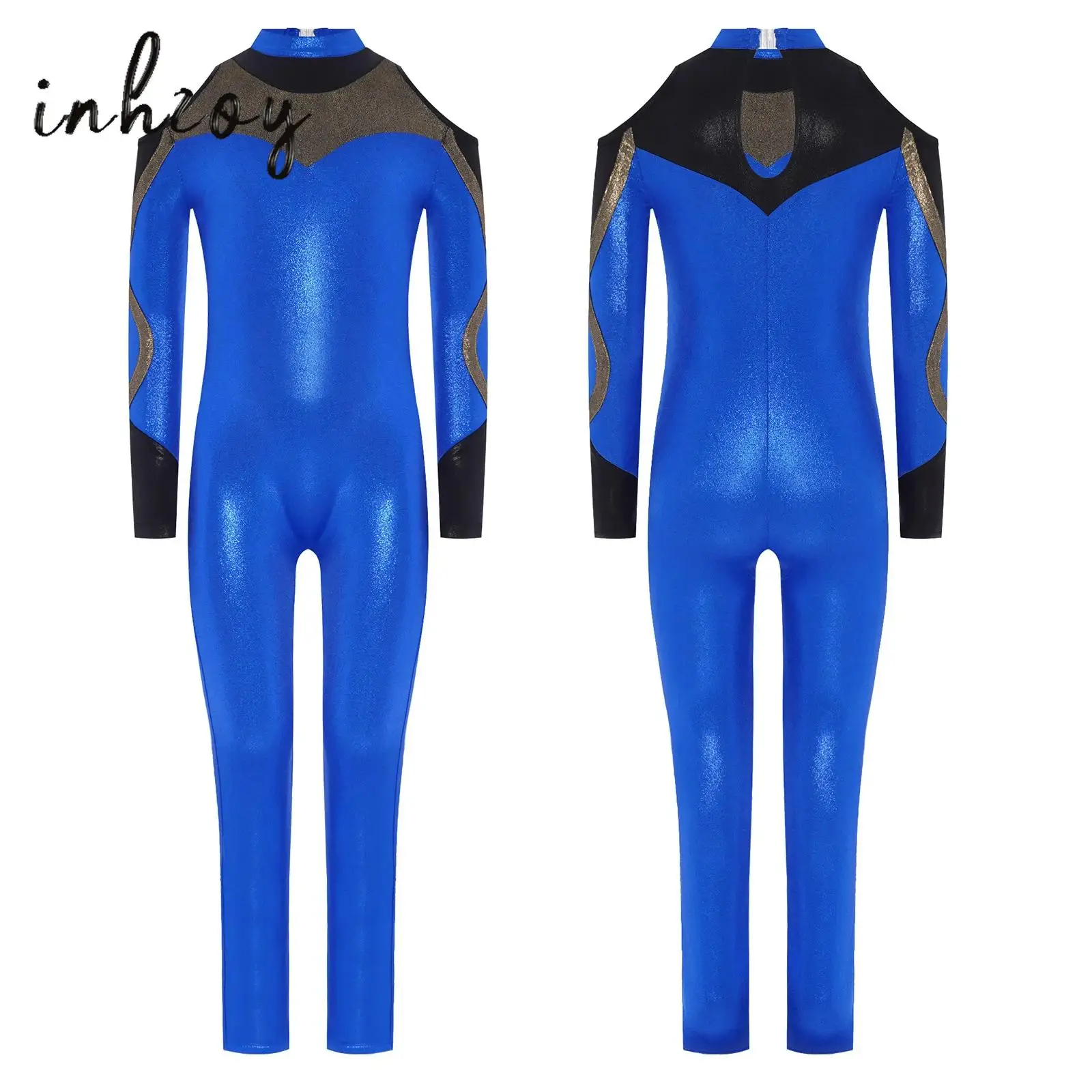 

Kids Girls Acrobatics Gymnastics Dance Jumpsuit Long Sleeve Cold Shoulder Contrast Color Metallic Dance Bodysuit for Yoga Sports