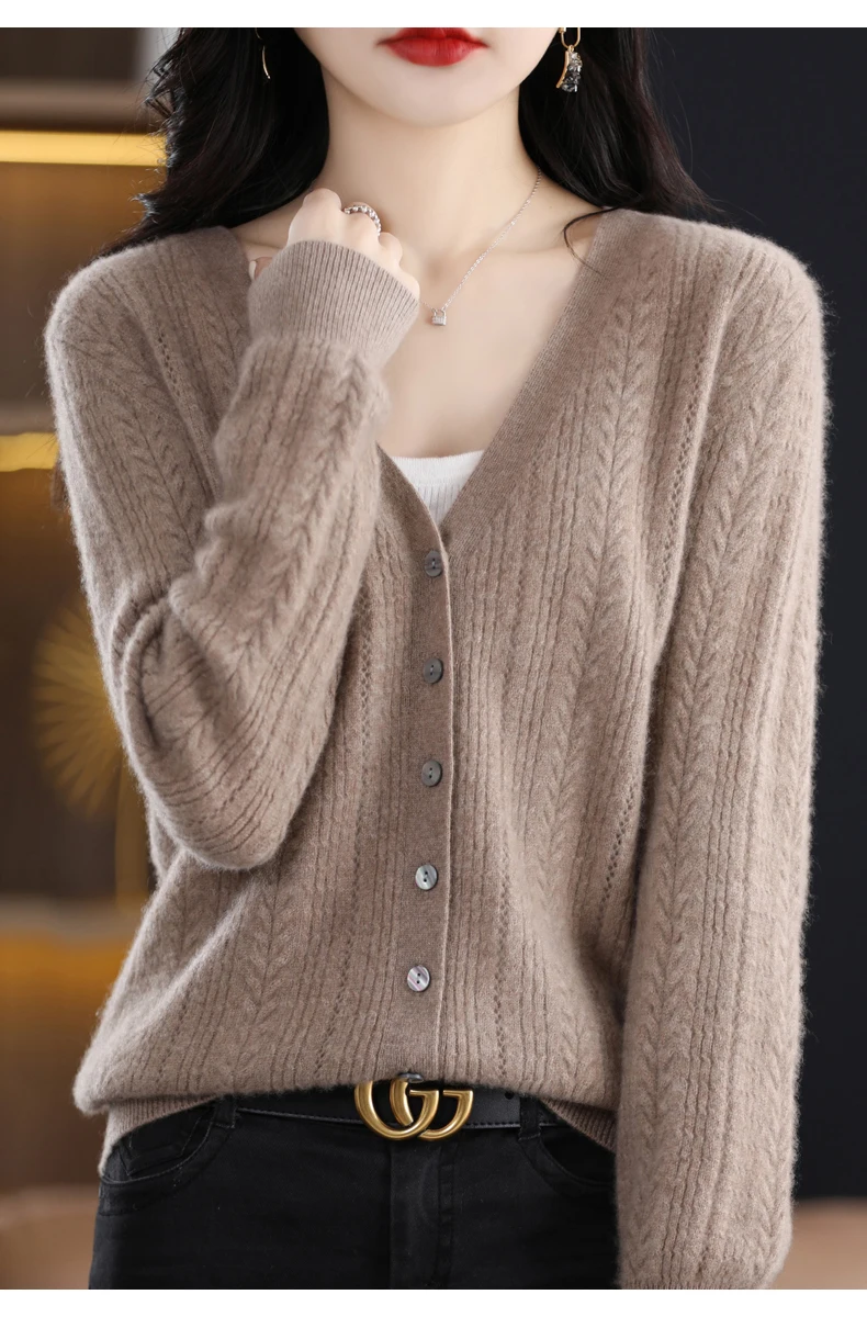 

2024 New Autumn Winter Merino Wool Sweater Women Striped Solid V-Neck Cardigan Knitwear Casual Button Cashmere Clothing Tops