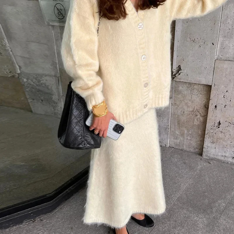 Elegant V Neck Suede Nap Cardigan Sweater 2 Piece Set Women High Waist A line Solid Skirt Suit 2024 Winter Lady Fashion Knitwear