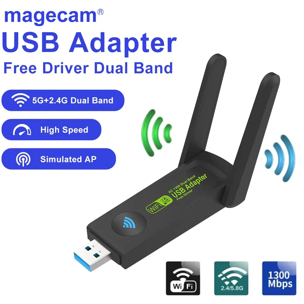 

Magecam 1300Mbps WiFi USB Adapter Dual Band 2.4G/5Ghz WiFi Dongle 802.11AC Dual Antenna Wireless Receiver for Win 10/11 Driver