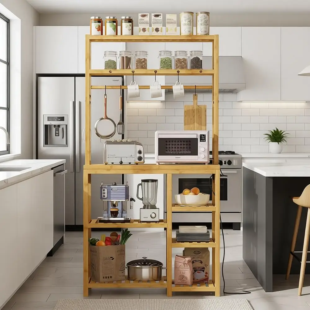 

Bakers Rack with Power Outlets, 8-Tier Microwave Stand, Kitchen Utility Storage Shelf, 10 S-Shaped Hooks, Coffee Bar Table Stati