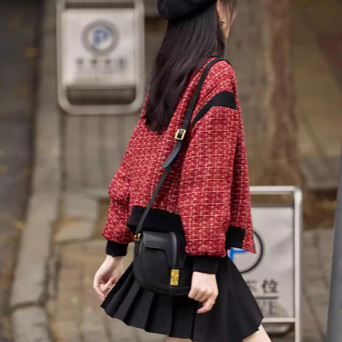 

Tweed Jacket Dark Red Womens Autumn Winter Thick Printed Ladylike Beaded Velvet Matching Ladies Puffed Double-Breasted All-Match