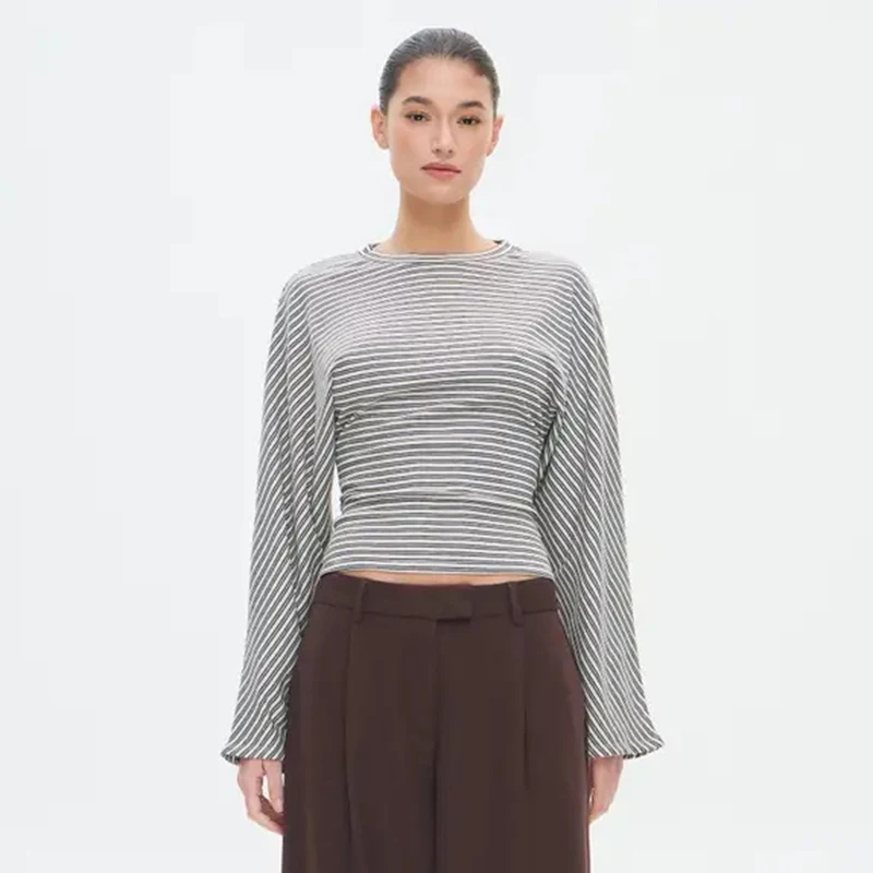 Trendy odzież damska 2025 Koszulka w paski z nadrukiem Długi rękaw Krótki top Młodzieżowe bluzki codzienne Bluzki damskie z marszczonym pasem Pulowery damskie