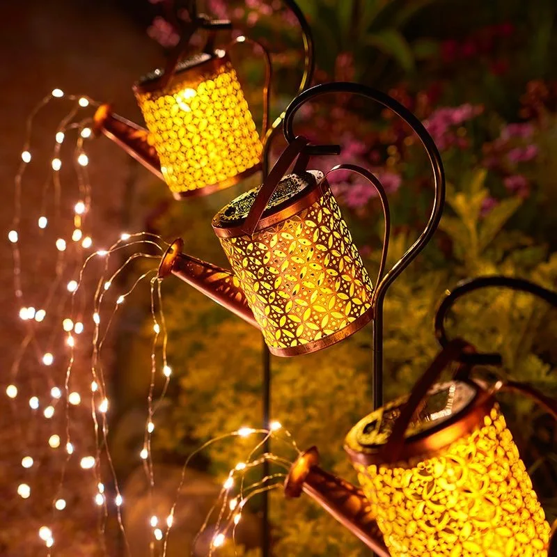 

Solar water kettle lamp, wrought iron courtyard atmosphere lamp, hollow projection lamp, lawn landscape lamp, flowing showerhead