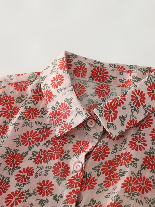 

Early Summer Unique Beautiful Women's Cotton Linen irt Loose Casual ort Sve Floral Print Trendy Button-Up Top