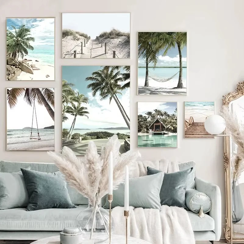 Tropical Beach Ocean Palm Tree Banana Leaves Canvas Poster Holiday Chalet Stairs Print Picture Summer Seascape House Painting