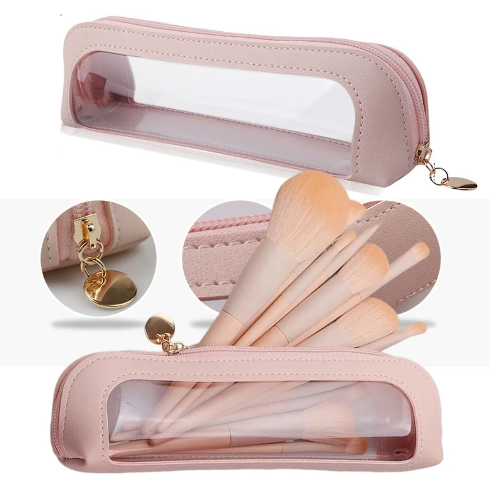 Transparent Waterproof PU Pencil Case Window Cosmetic Brush Storage Bag Travel Cosmetic Brush Box with Zipper Storage Bag