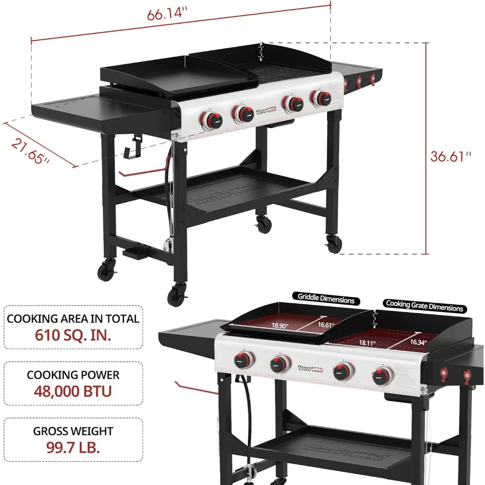 4-Burner Portable Flat Top Gas Grill and Griddle Combo with Folding Legs, 48,000 BTU, for Outdoor Cooking While Campin