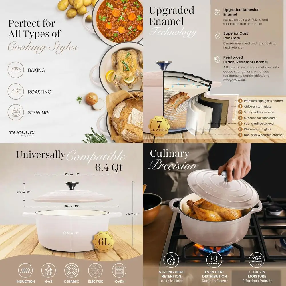 

6.4 Qt Non-Stick Enamel Cast Iron Dutch Oven with Lid - Oven Safe for Baking, Stewing, Roasting, 28cm Oyster