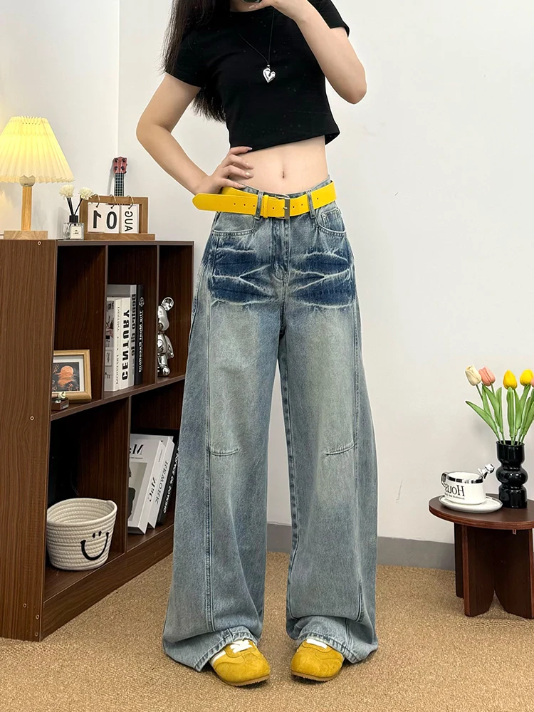 Retro High Waisted Fashionable Casual Street Jeans Women's New Wide Leg Pants Loose Lazy Style Long Pants
