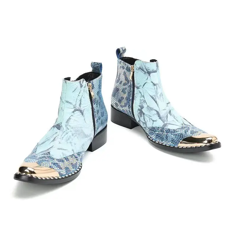 Coogerlove Punk-Stil Männer blau Echt leder Stiefel Metall quadratische Zehen Schnalle Niet Motorrad Stiefel Winter männliche Party Stiefel – Detail 23