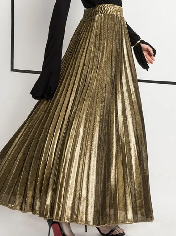 

Юбка макси с высокой талией, плиссированная, без эластичной резинки, для повседневного стиля, летняя, модная, женская, в уличном стиле, золотистая, для пляжа