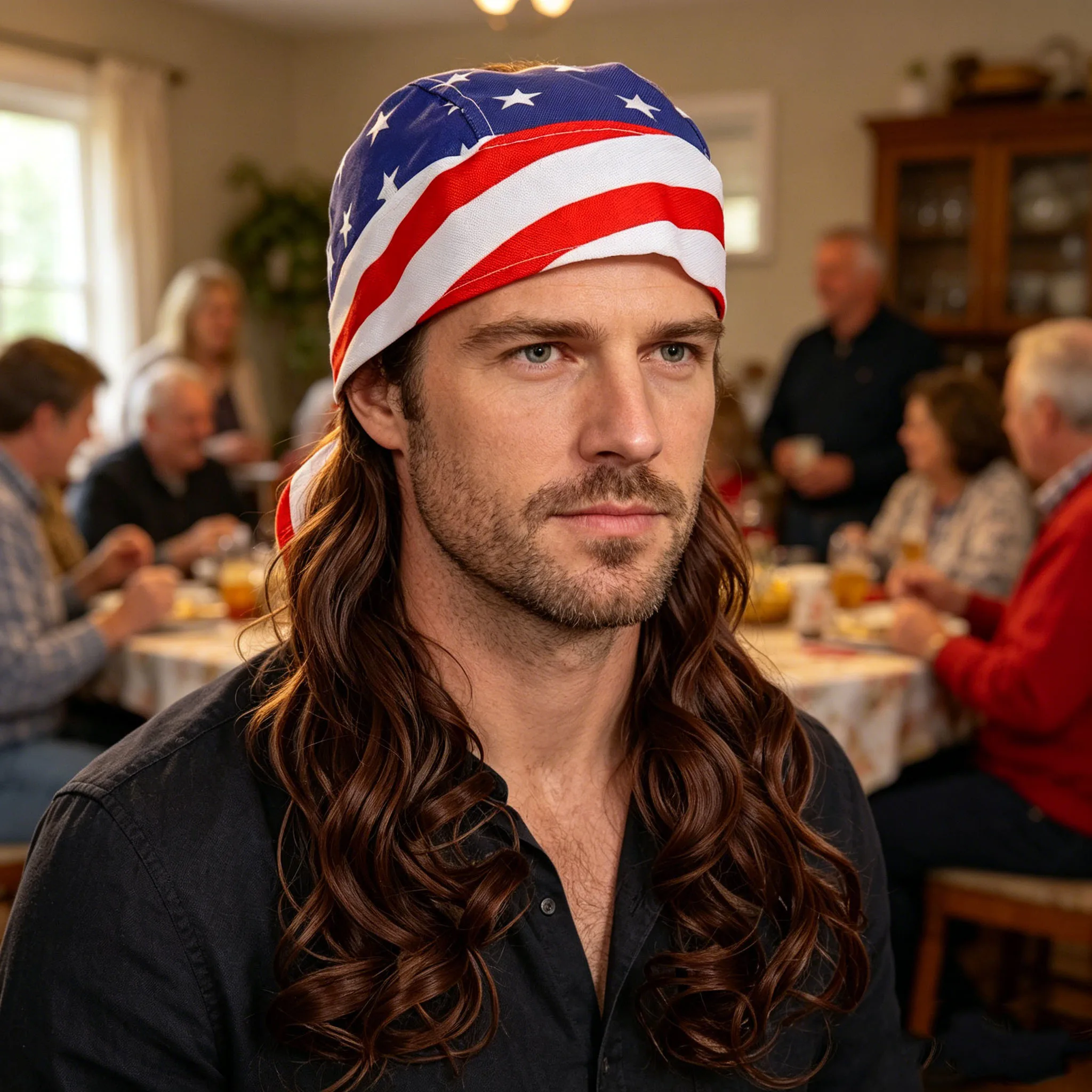 American Flag Mullet Headband Wig Men's Synthetic Brown Curly Hair Football Fan Wig Patriotic Costume Wig Halloween Party Wig