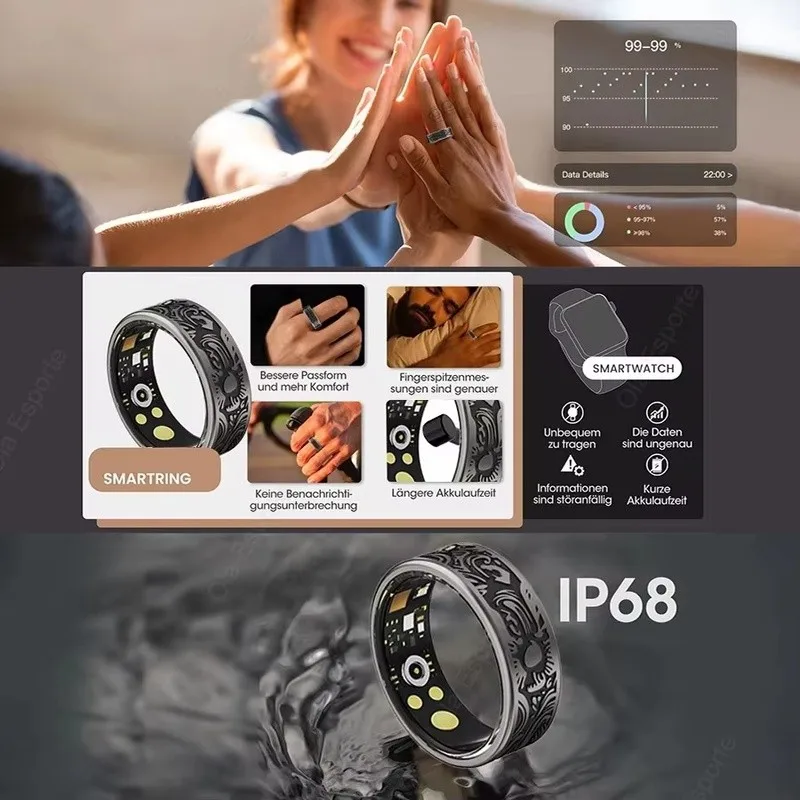 Nowy czarny inteligentny pierścień Smart Ring Rozmiar 1 Monitorowanie snu Nosić w stylu vintage Tekstura Fitness Tracker Żywotność baterii do 8 dni