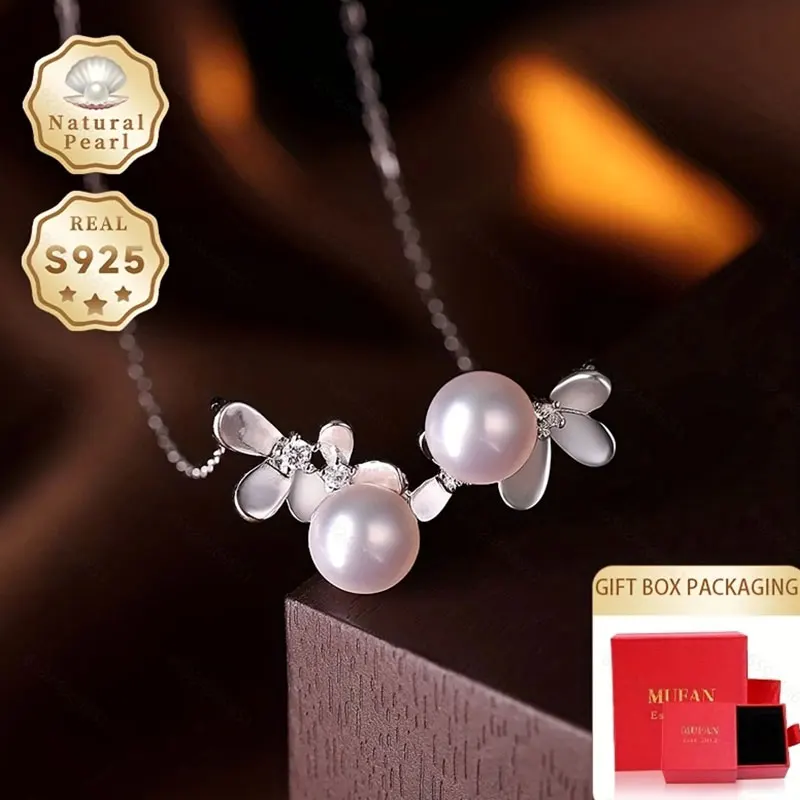 

Mufan Jewelry S925 Silver 6-7mm White Flat Natural Freshwater Pearl Necklace Boxed Gift Floral Design Suitable for Daily Dates