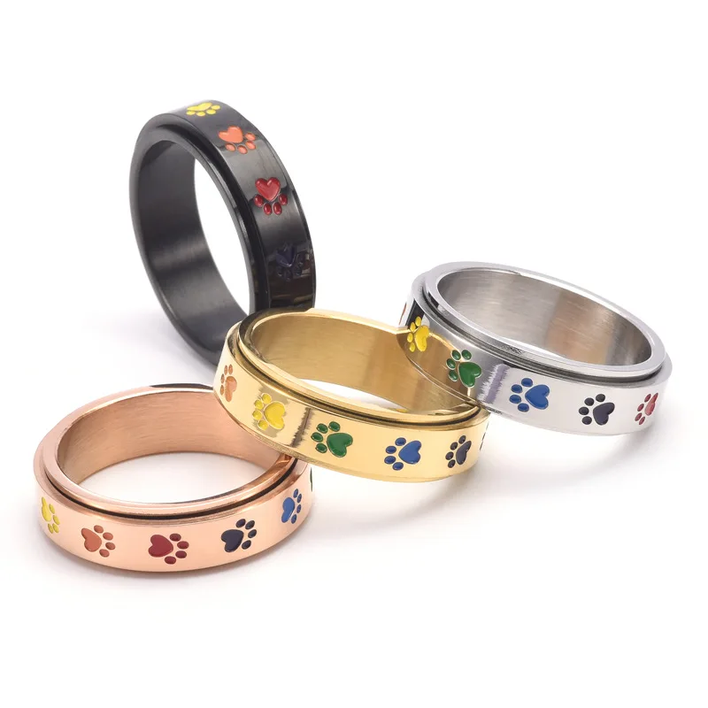 Cute Pet Footprint with Dog Paw Prints Rainbow Ring for Women Men Stainless Steel Ring