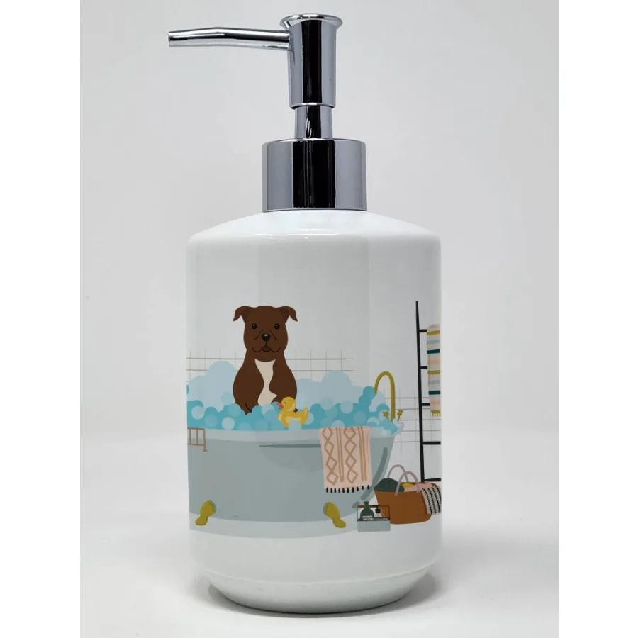 Nuevo Chocolate Staffordshire Bull Terrier en bañera dispensador de jabón de cerámica dispensador de jabón de manos botellas con bomba para baño Kitche