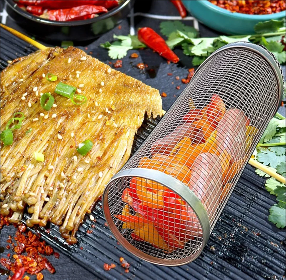 BBQ Basket Stainless Steel Rolling Grilling Basket Wire Mesh Cylinder Grill Basket Portable Round Outdoor Camping Barbecue Rack image 2